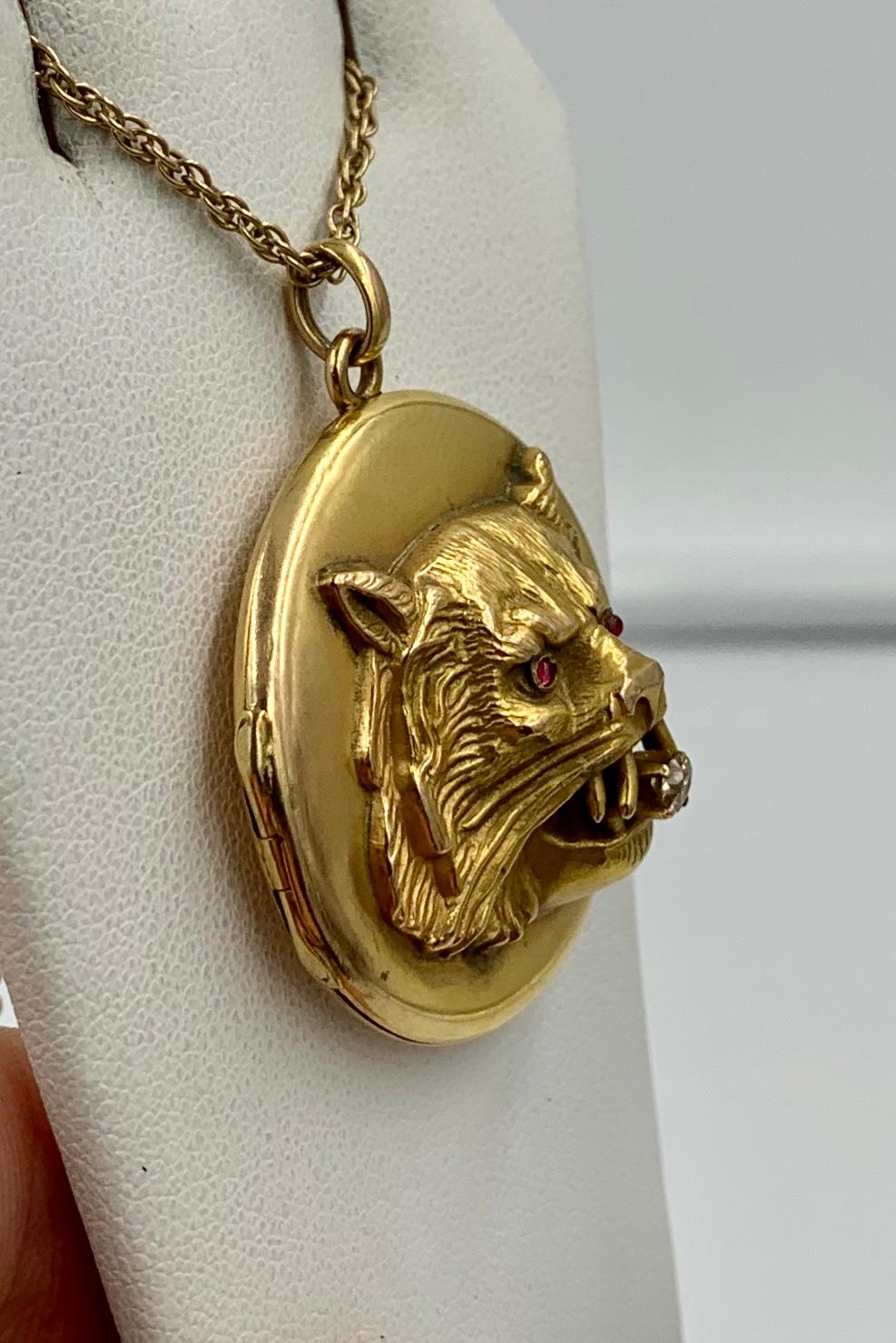 Old Mine Cut Victorian Lion Locket Necklace Diamond Ruby 14 Karat Gold Panther Leopard Tiger For Sale