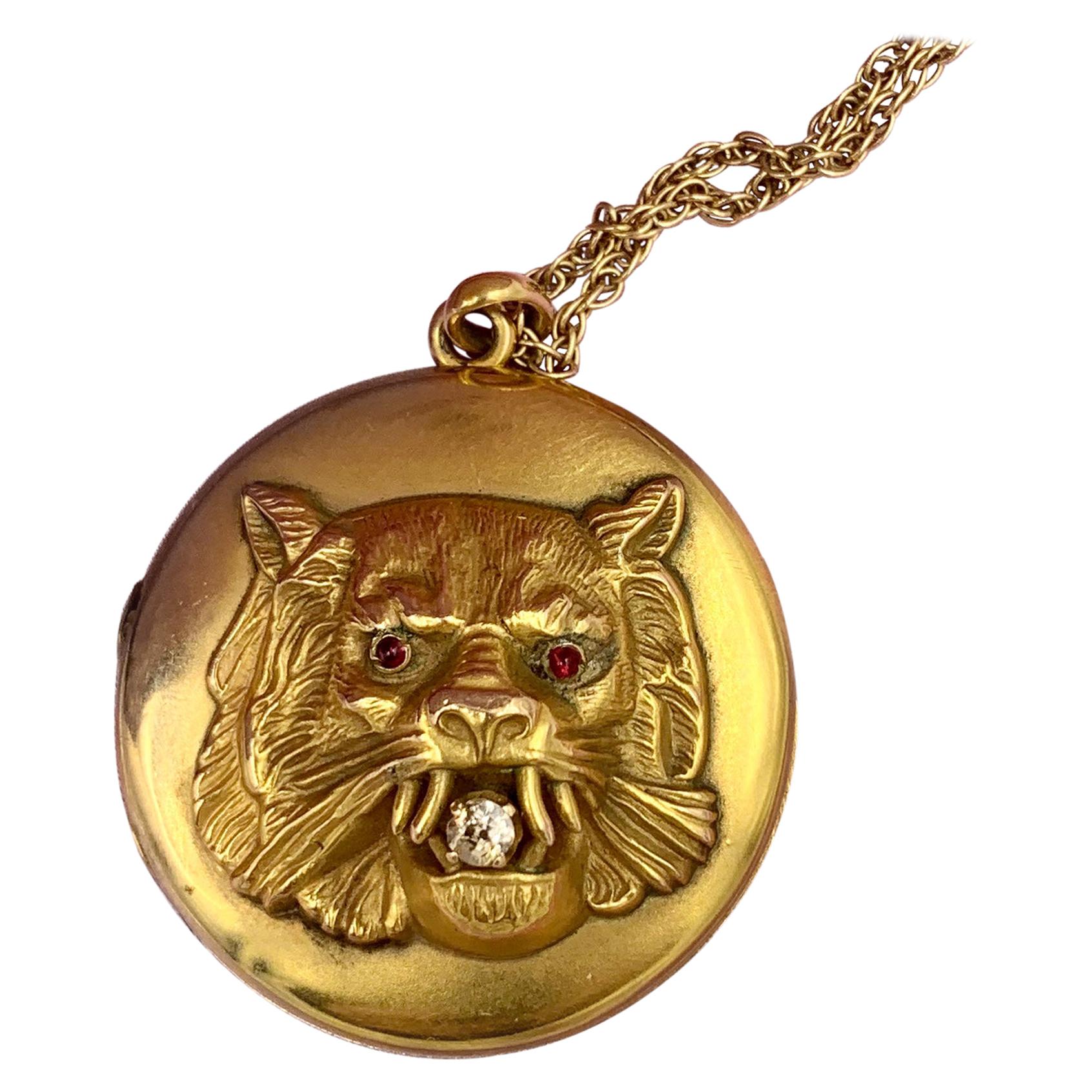 Victorian Lion Locket Necklace Diamond Ruby 14 Karat Gold Panther Leopard Tiger For Sale
