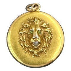 Victorian Lion Locket Old Mine Cut Diamond Peridot Gold Pendant Necklace