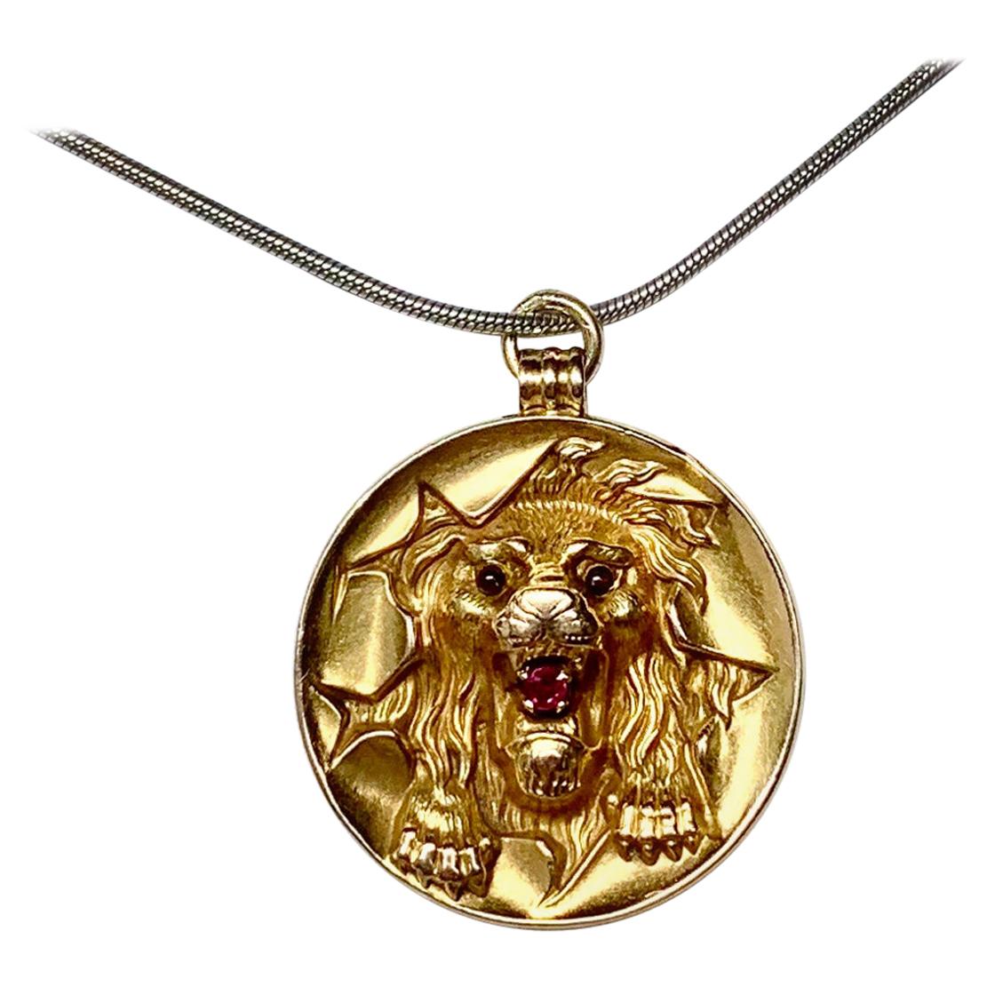 Victorian Lion Pendant Ruby 14 Karat Gold Circus Hoop Panther Leopard Tiger For Sale