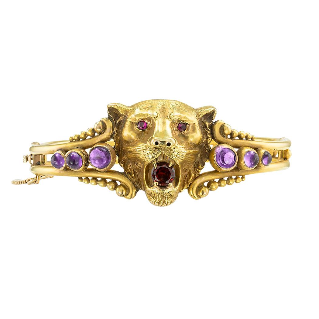 Victorian Lions Head Bangle Gemstones Yellow Gold In Good Condition In Los Angeles, CA