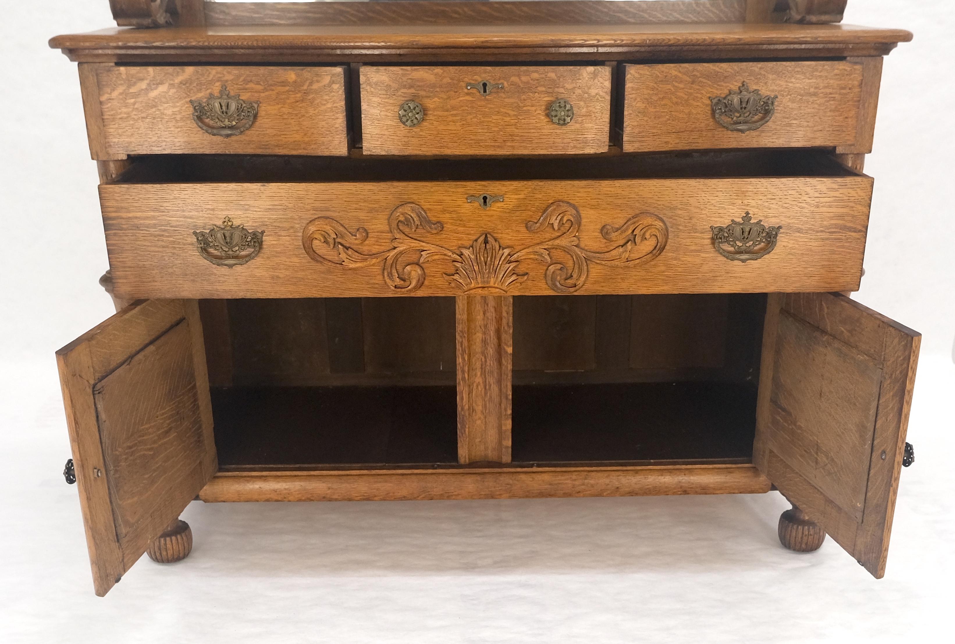 Brass Victorian Lions Heads Mirrored Backsplash Fine Carved Oak Sideboard MINT! For Sale
