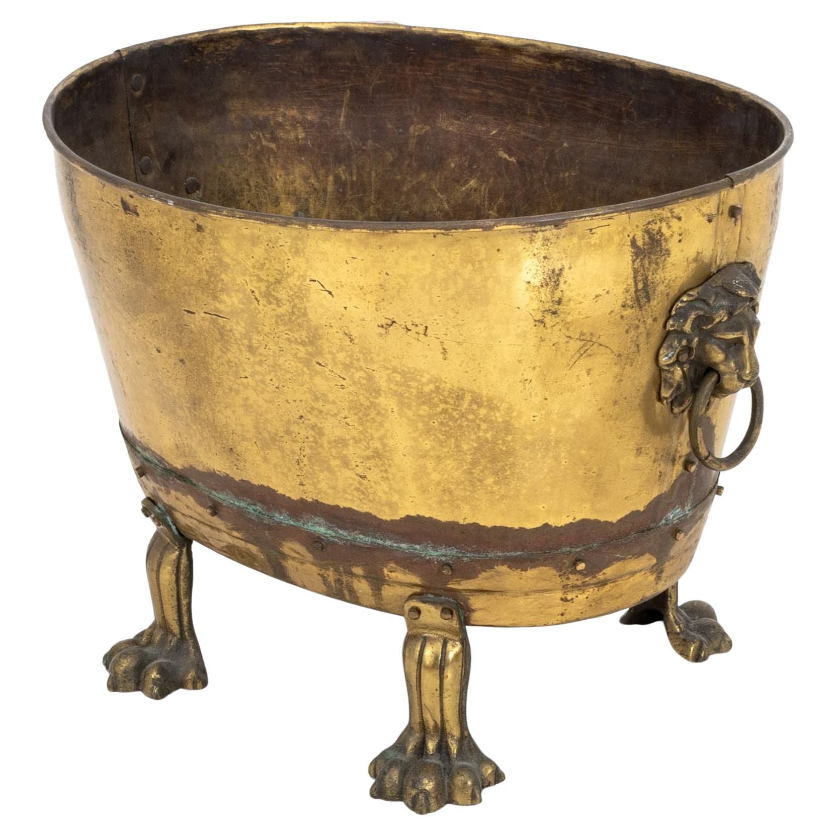 Victorian Lion
s Mask Handle Brass Jardiniere For Sale