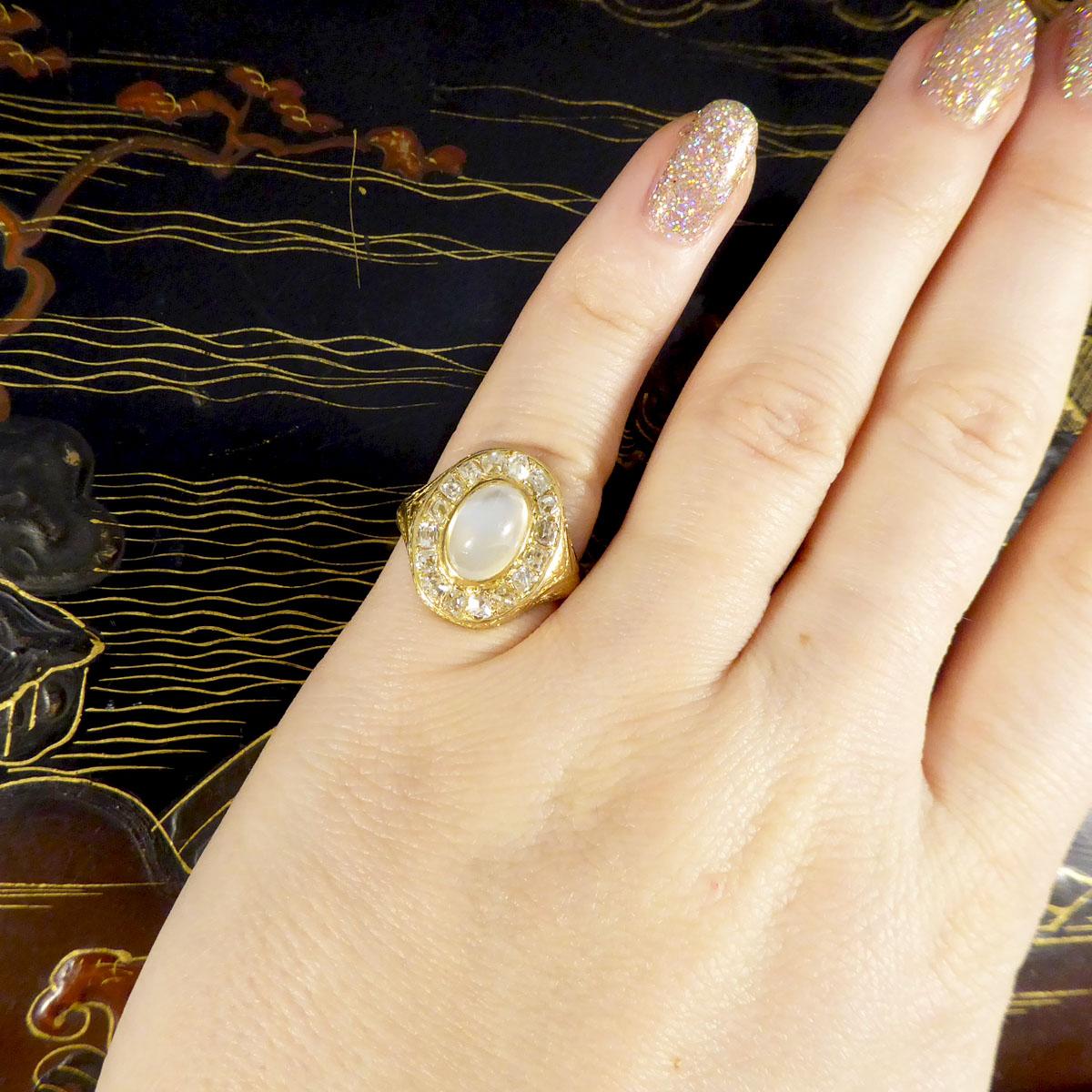 Victorian Locket Backed Moonstone and Old Cushion Diamond Cluster Ring in Gold 5