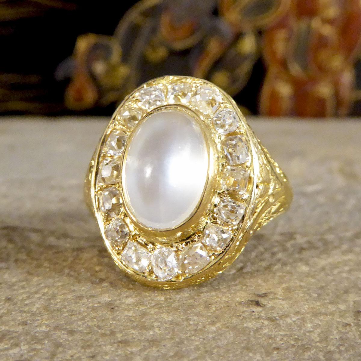 Women's or Men's Victorian Locket Backed Moonstone and Old Cushion Diamond Cluster Ring in Gold