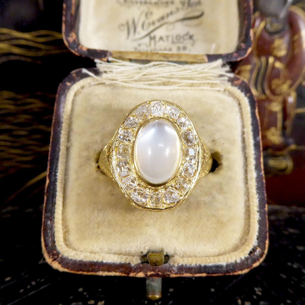 Victorian Locket Backed Moonstone and Old Cushion Diamond Cluster Ring in Gold 3