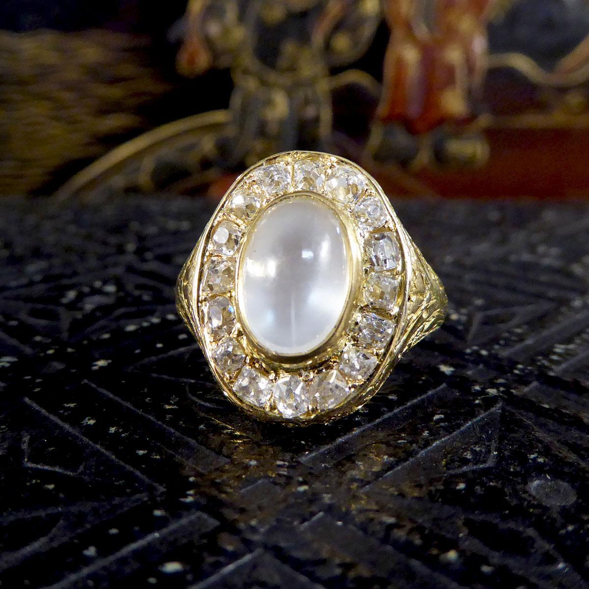 Victorian Locket Backed Moonstone and Old Cushion Diamond Cluster Ring in Gold 4