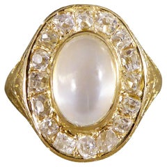 Victorian Locket Backed Moonstone and Old Cushion Diamond Cluster Ring in Gold