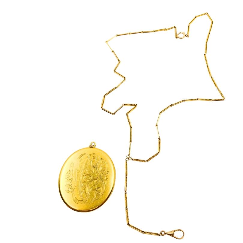 Femenino o masculino Colgante relicario victoriano y cadena de reloj de bolsillo de oro de 14k en venta
