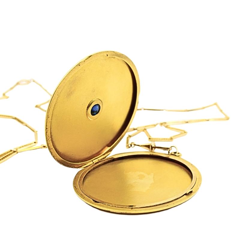 Colgante relicario victoriano y cadena de reloj de bolsillo de oro de 14k en venta 1