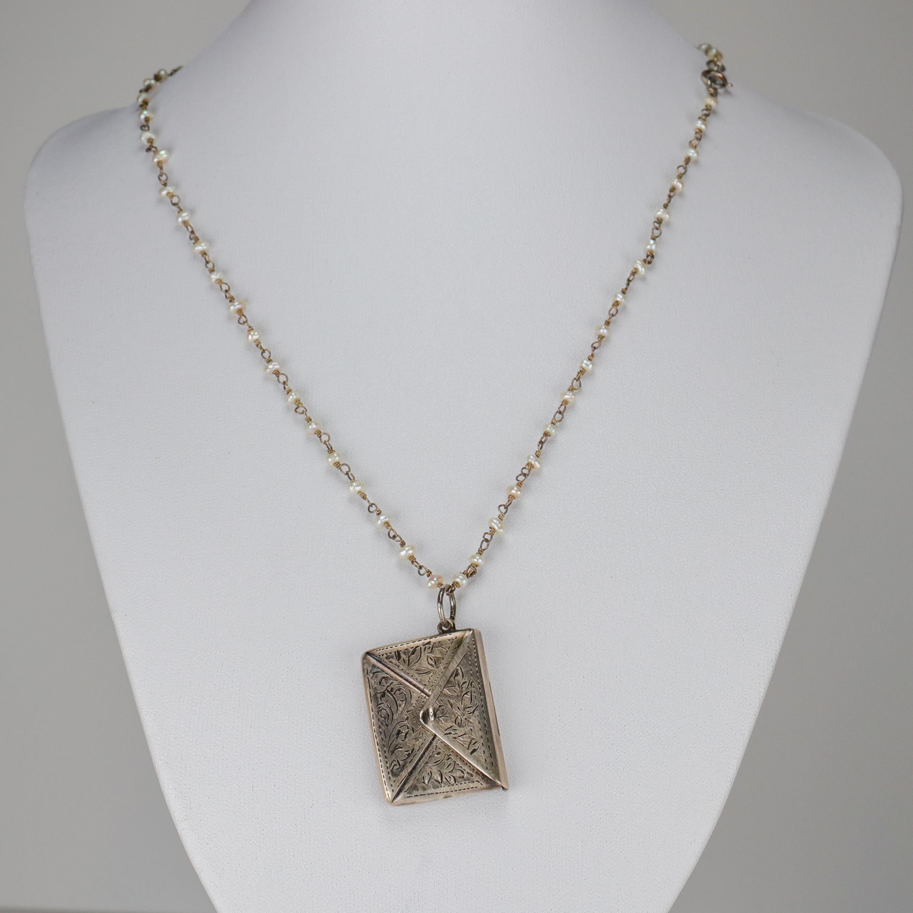 Victorian Locket Pendant Miniature Envelope on Silver Chain with Natural Pearls 5