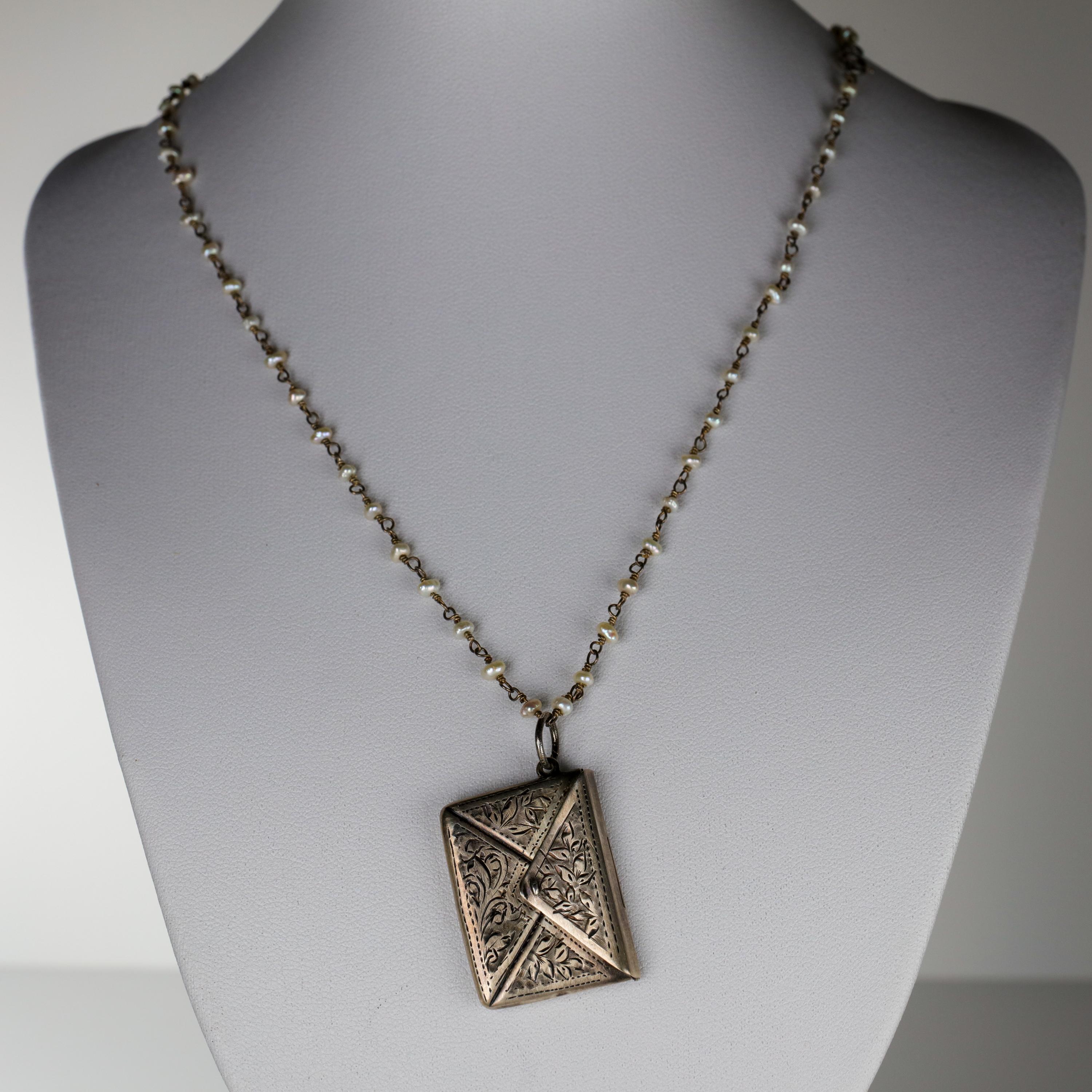 Victorian Locket Pendant Miniature Envelope on Silver Chain with Natural Pearls 6