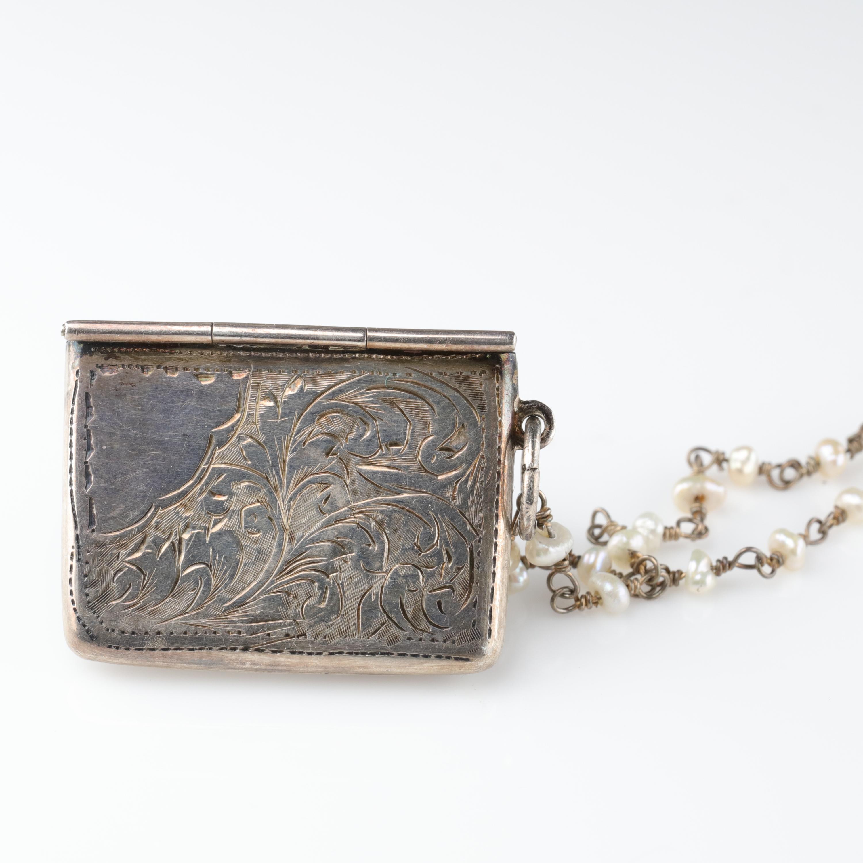 Victorian Locket Pendant Miniature Envelope on Silver Chain with Natural Pearls 7