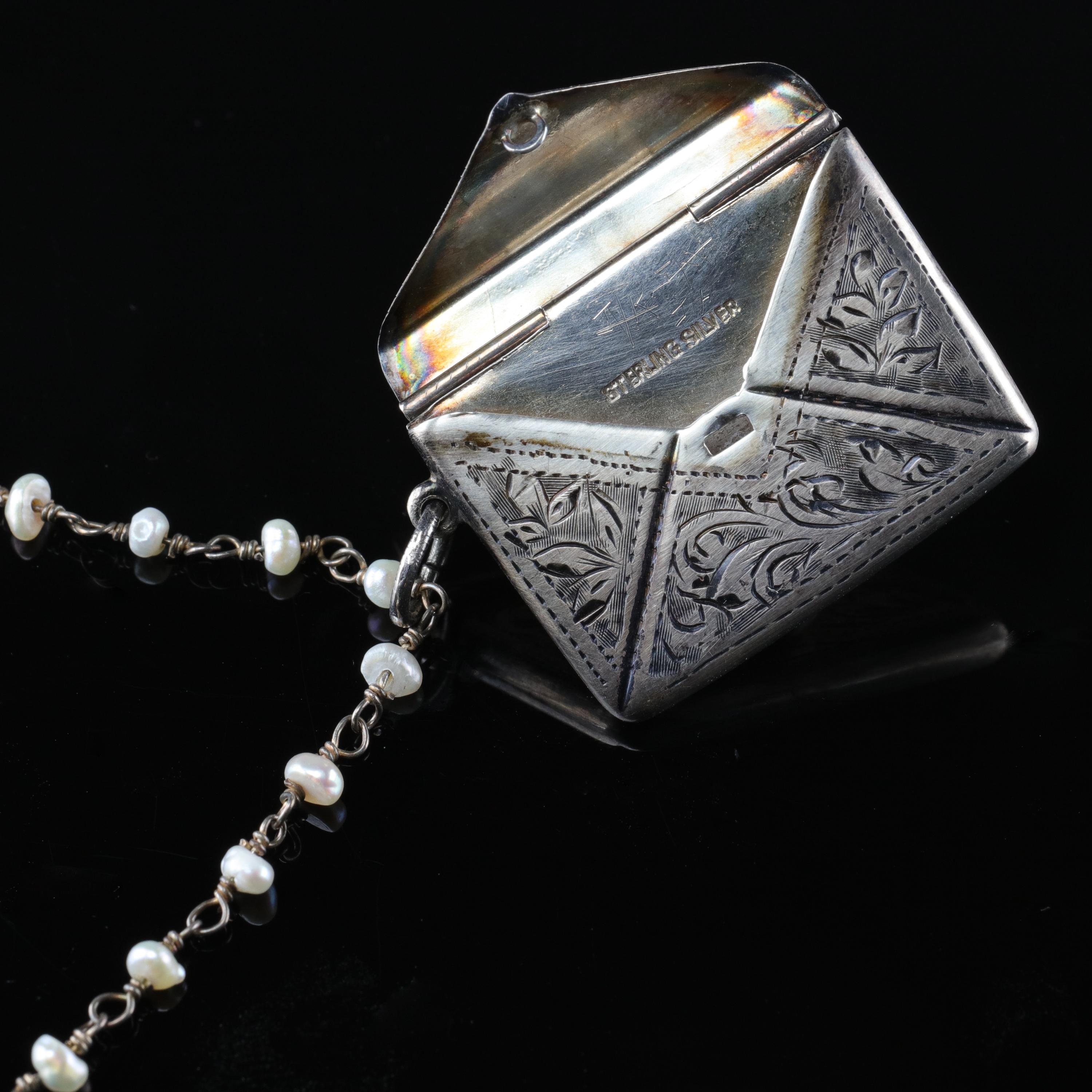 Victorian Locket Pendant Miniature Envelope on Silver Chain with Natural Pearls In Excellent Condition In Southbury, CT