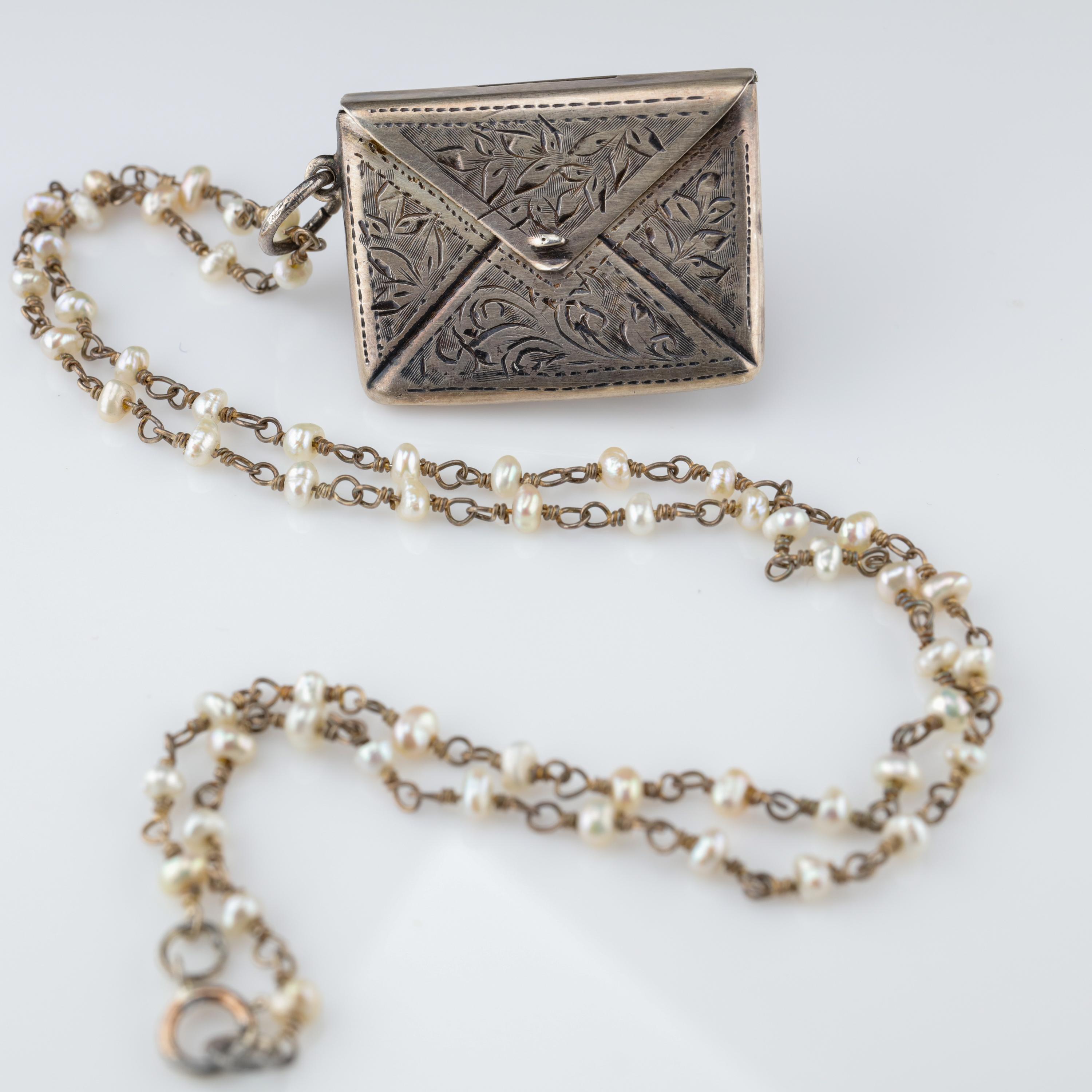 Women's or Men's Victorian Locket Pendant Miniature Envelope on Silver Chain with Natural Pearls