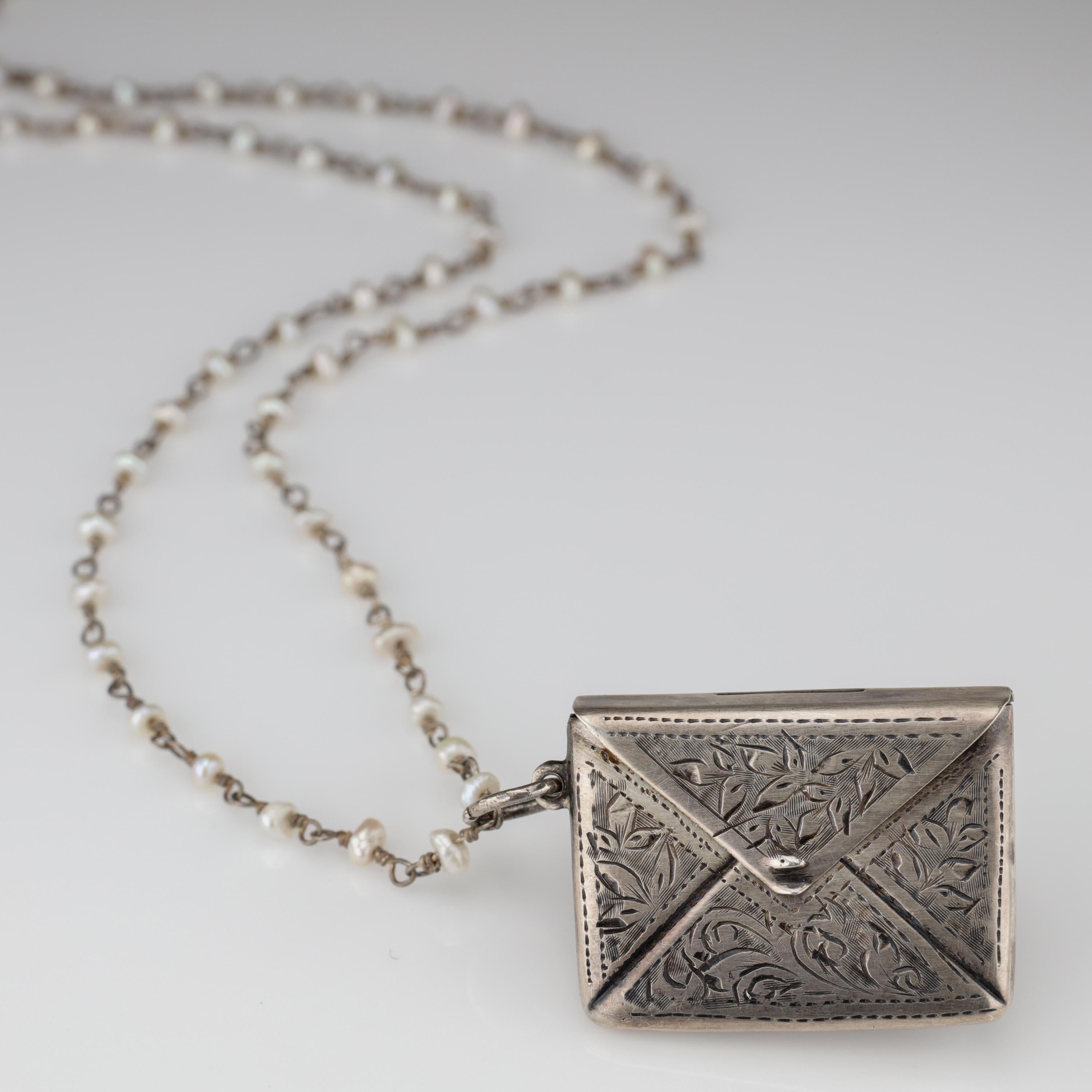 Victorian Locket Pendant Miniature Envelope on Silver Chain with Natural Pearls 1