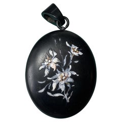 Victorian Locket Pendant Whitby Jet Enamel Edelweiss Flower Pendant, circa 1870