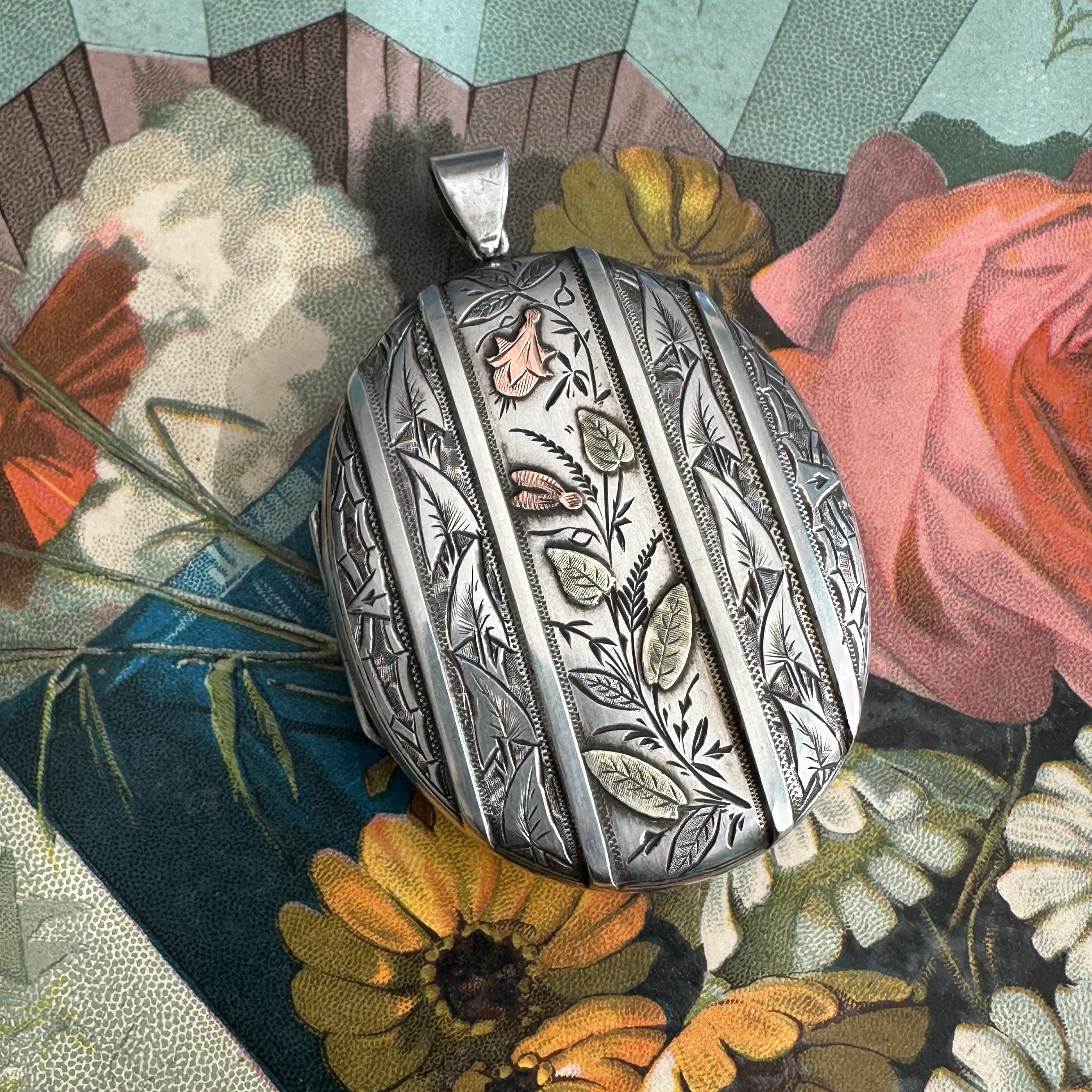 Victorian Locket Silver & Gold Botanical Aesthetic Period 4