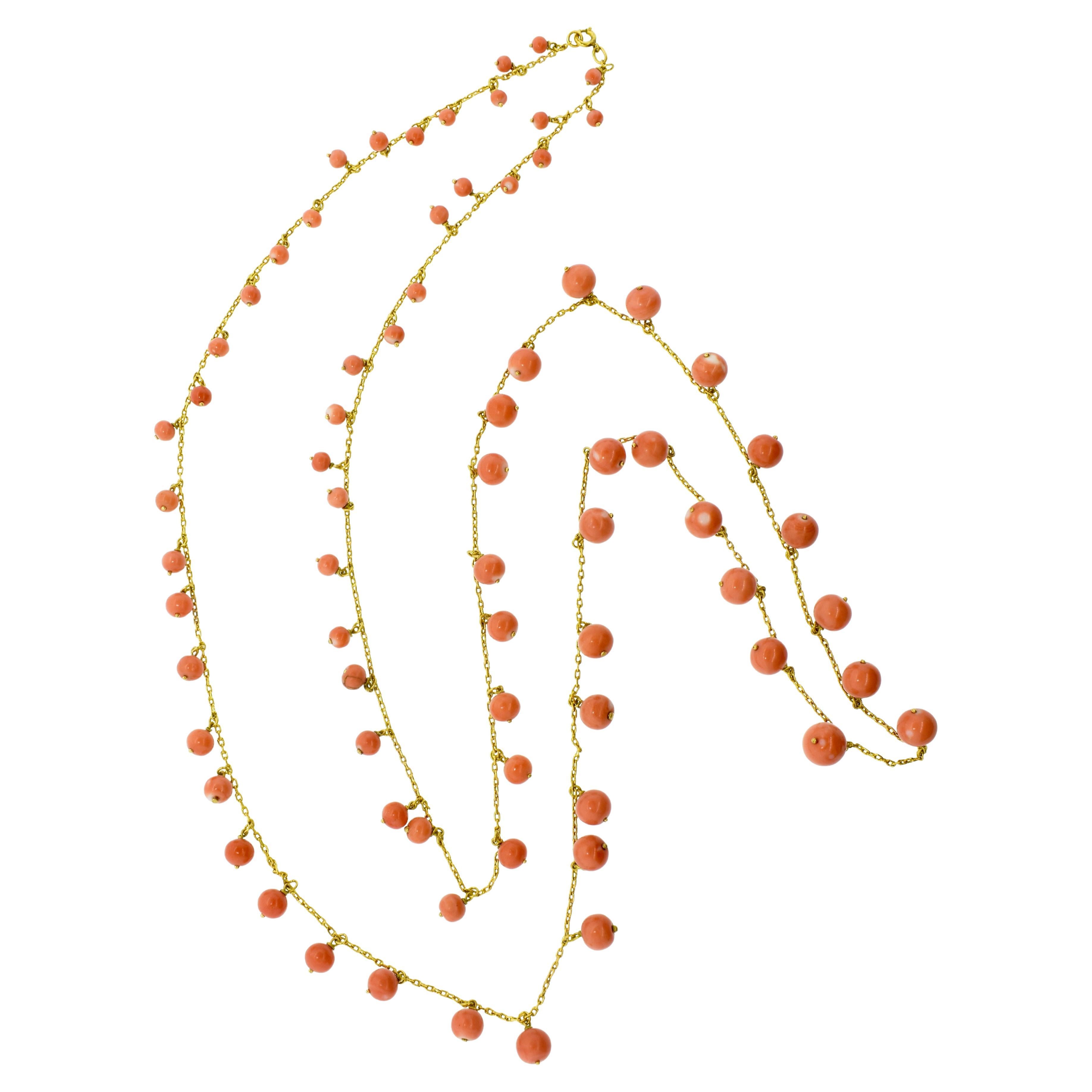 Victorian Long Gold Chain with Coral Drops, circa 1880.