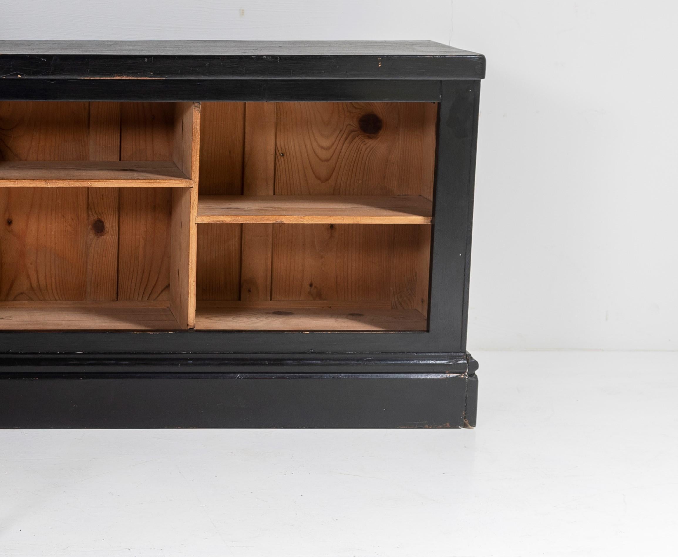 Victorian Long Low Panelled Ebonised Book Shelf Unit  Hall Shoe Storage Unit In Good Condition In Llanbrynmair, GB