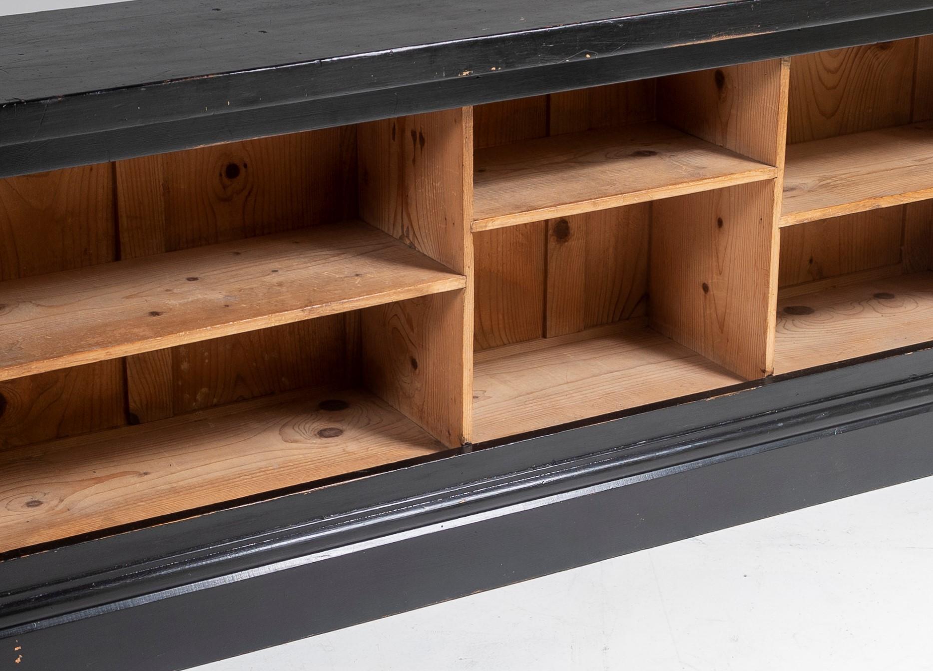 20th Century Victorian Long Low Panelled Ebonised Book Shelf Unit  Hall Shoe Storage Unit