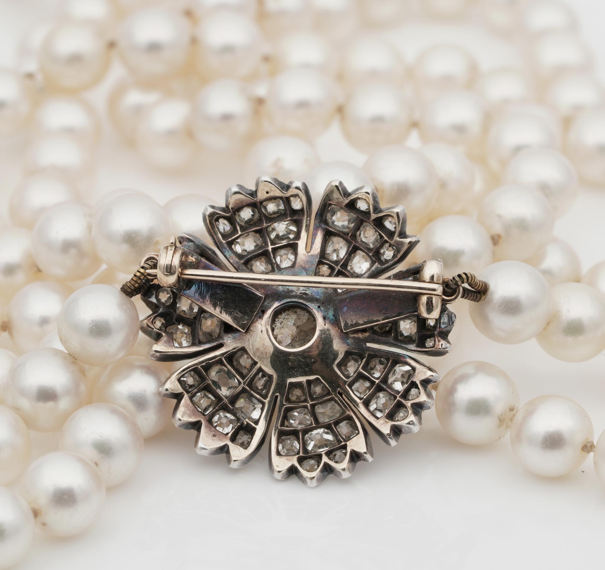 Victorian Long Sautoir Pearl Necklace 3.00 Carat Old Diamond Flower Clasp For Sale 1