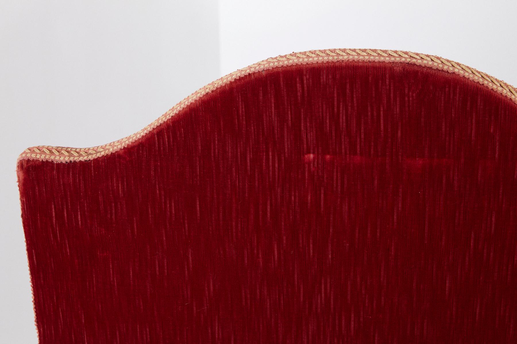 Victorian Long Seat Sofa in Red Striae Velvet with Scrolled Arms and Camelback 7