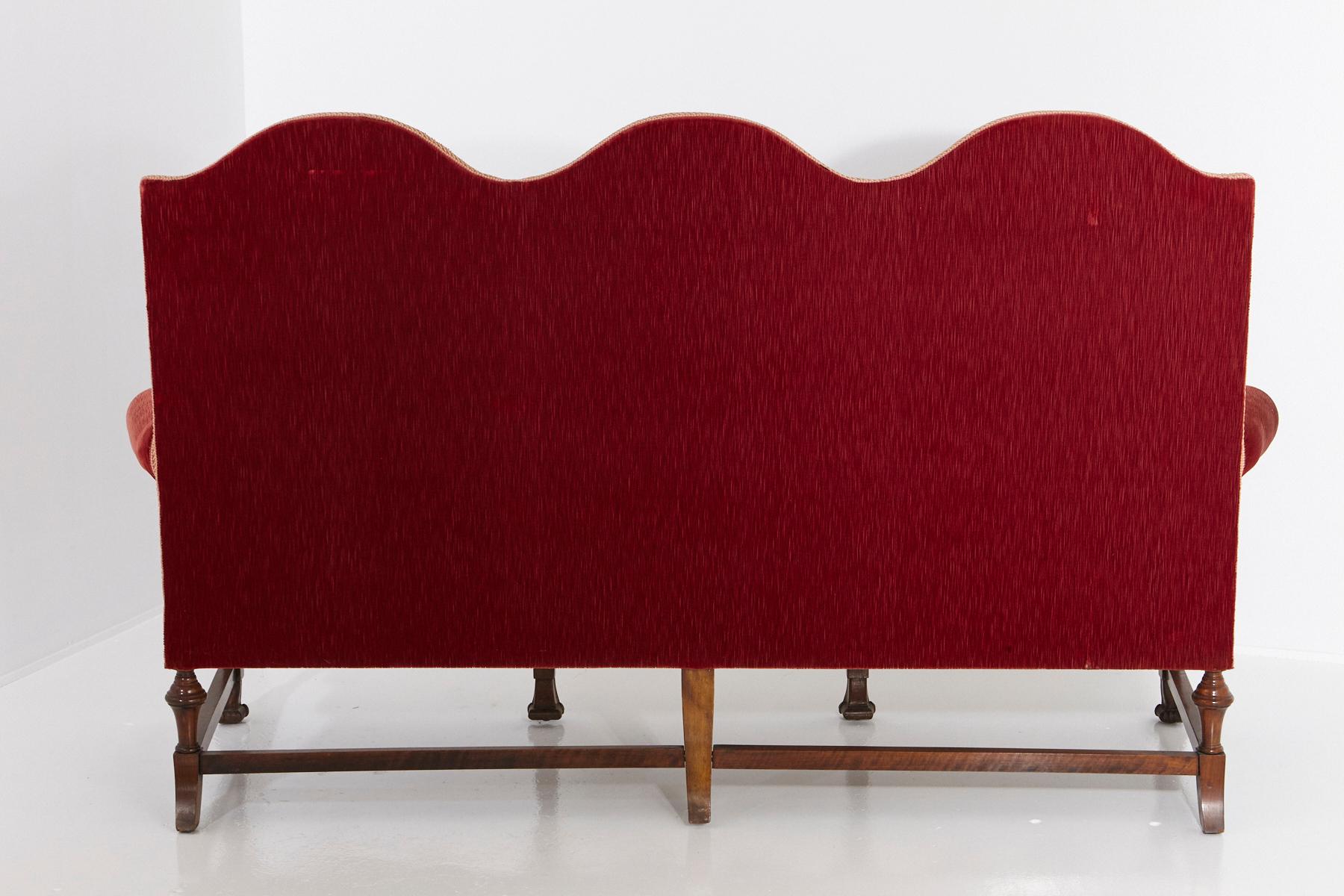 American Victorian Long Seat Sofa in Red Striae Velvet with Scrolled Arms and Camelback