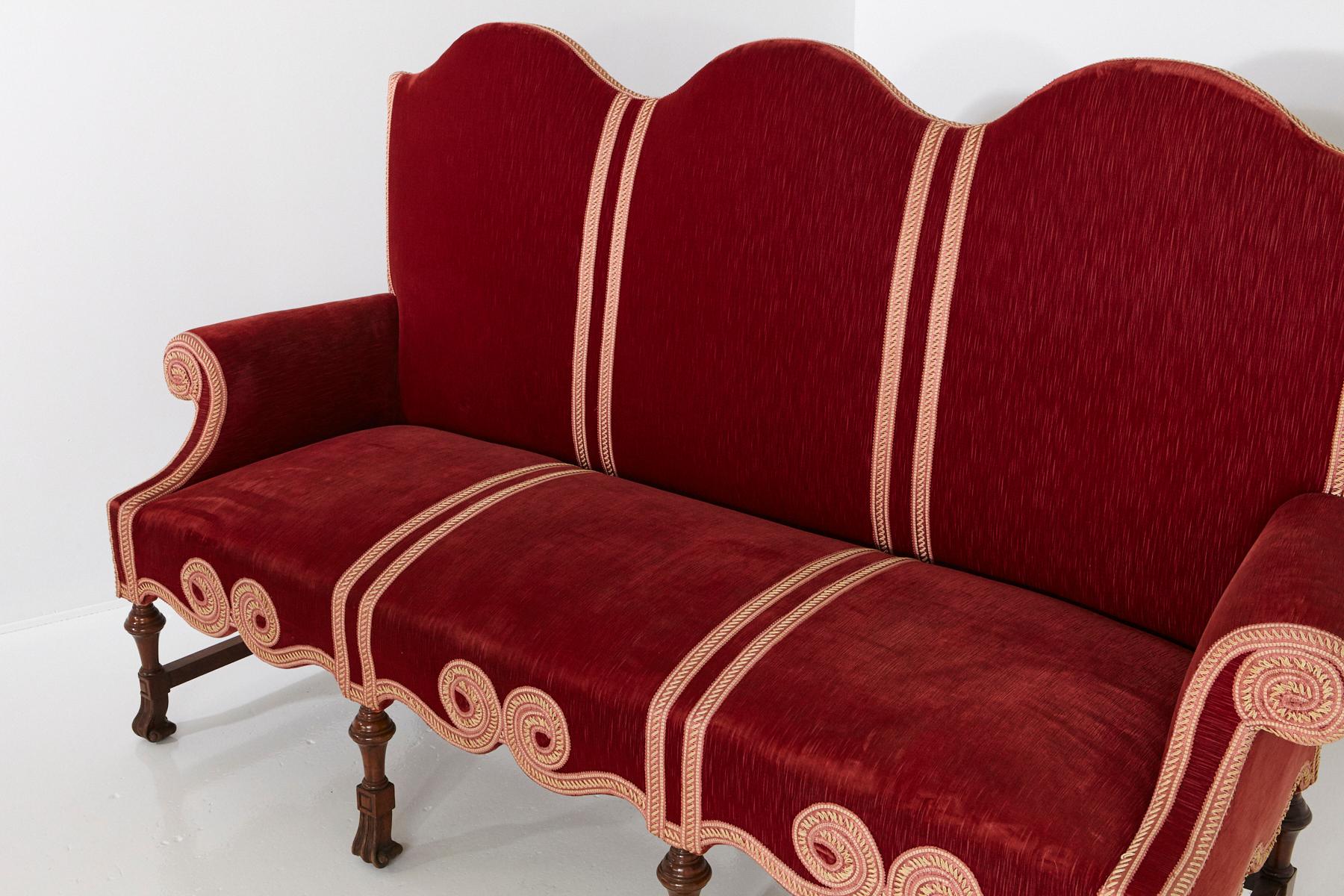 19th Century Victorian Long Seat Sofa in Red Striae Velvet with Scrolled Arms and Camelback