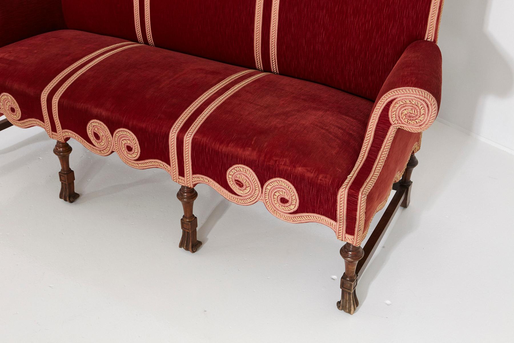 Victorian Long Seat Sofa in Red Striae Velvet with Scrolled Arms and Camelback 1