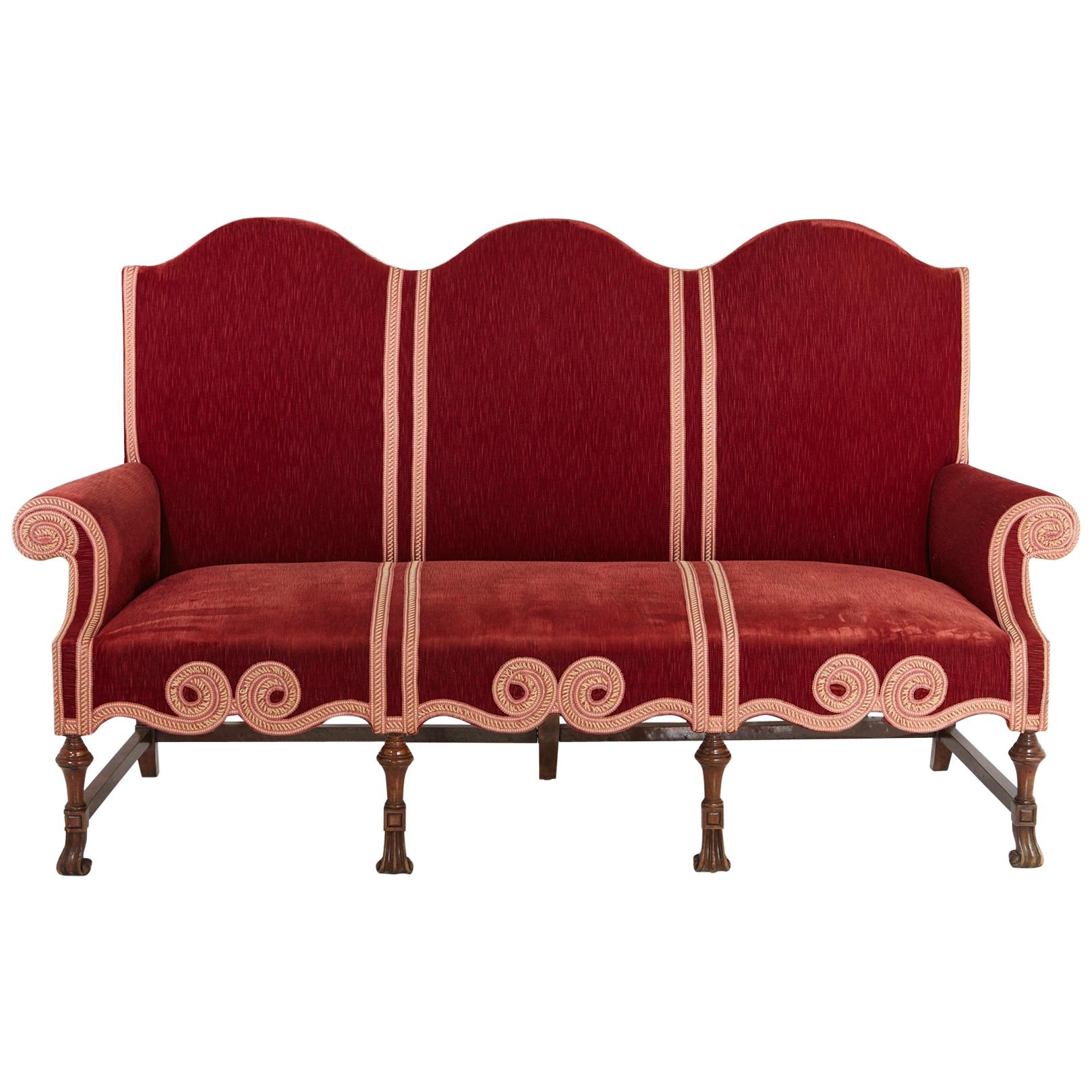Victorian Long Seat Sofa in Red Striae Velvet with Scrolled Arms and Camelback at 1stDibs