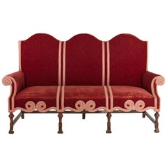 Victorian Long Seat Sofa in Red Striae Velvet with Scrolled Arms and Camelback