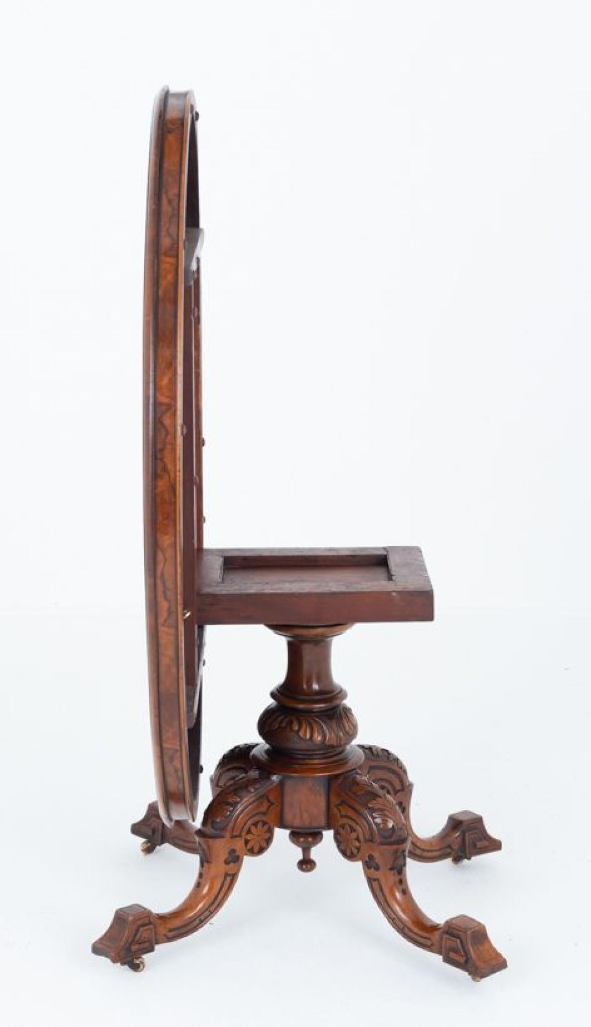 Victorian burr walnut loo table
This table is of an oval form
Circa 1860
The top features the most wonderful burr walnut timbers
The base of the table having 4 shaped legs with carved detail and porcelain castors
The column being of a turned and