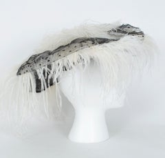 Victorian Look Black Dotted Mesh Saucer Hat w White Ostrich Feathers– O/S, 1950s