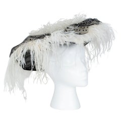 Vintage Victorian Look Black Dotted Mesh Saucer Hat w White Ostrich Feathers– O/S, 1950s