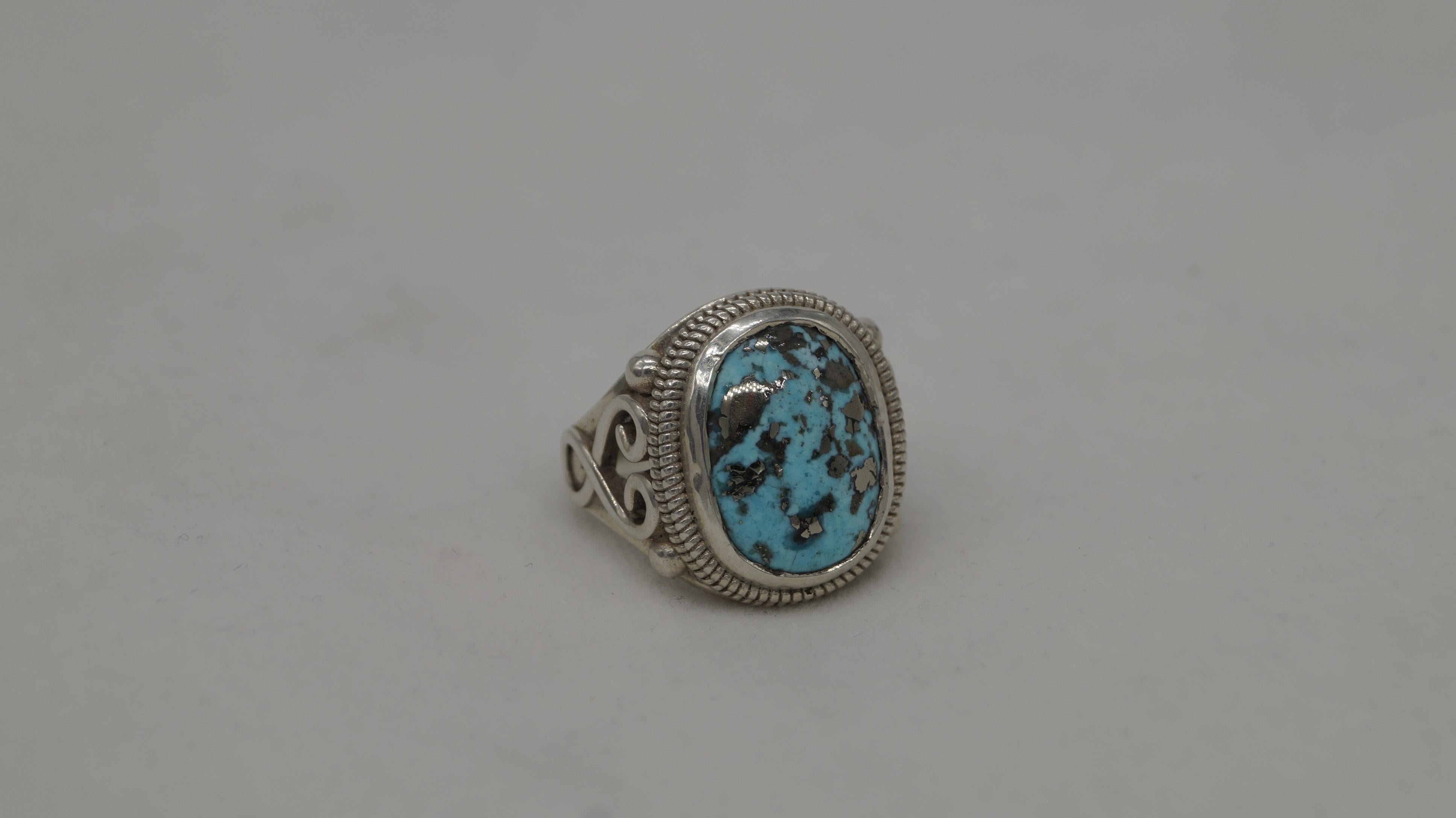 Seltene natürliche Nishapuri iranischen Türkis 925 Silber Shajari Firoza handgefertigten Ring (Kunsthandwerker*in) im Angebot