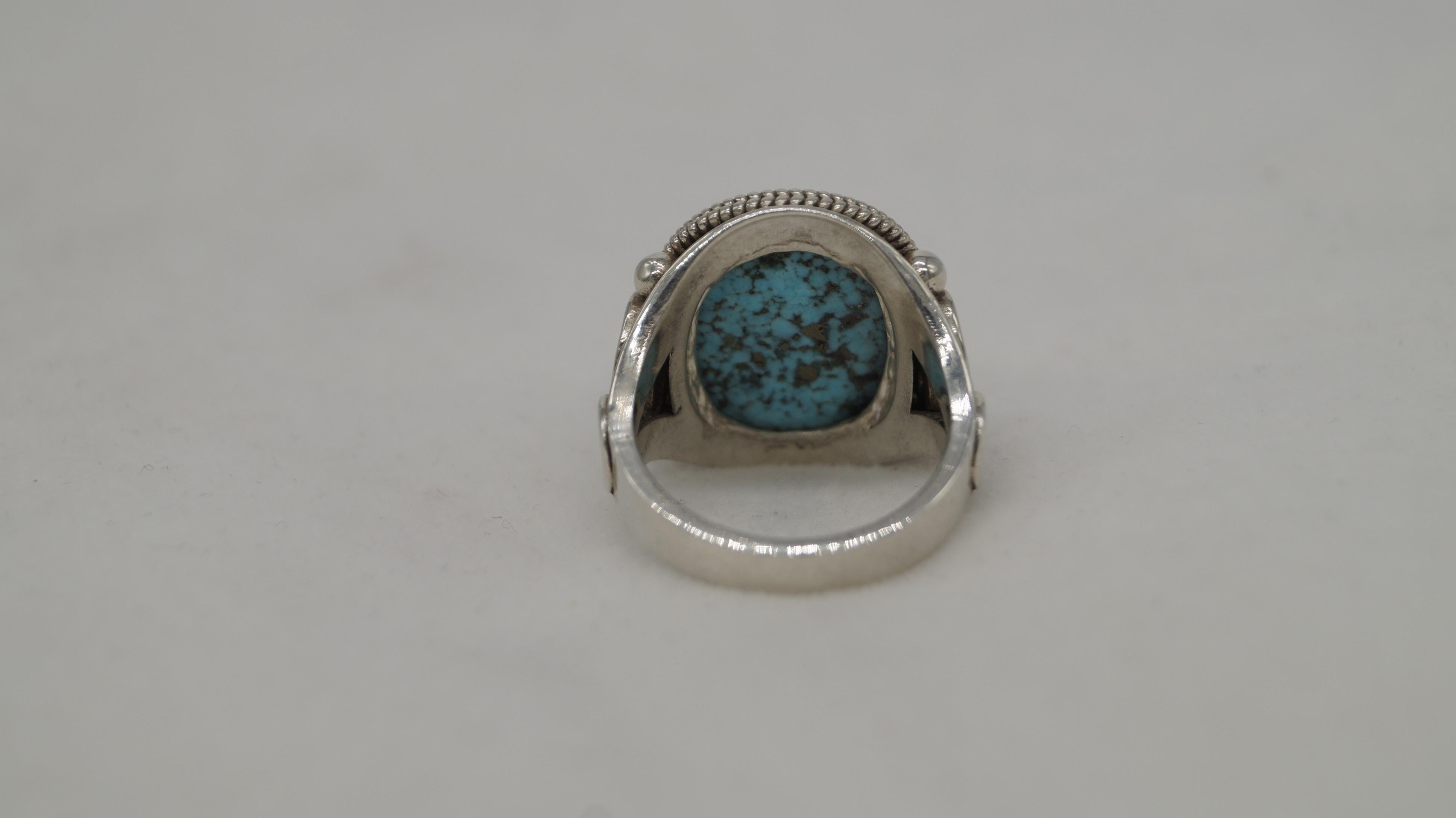 Seltene natürliche Nishapuri iranischen Türkis 925 Silber Shajari Firoza handgefertigten Ring (Cabochon) im Angebot
