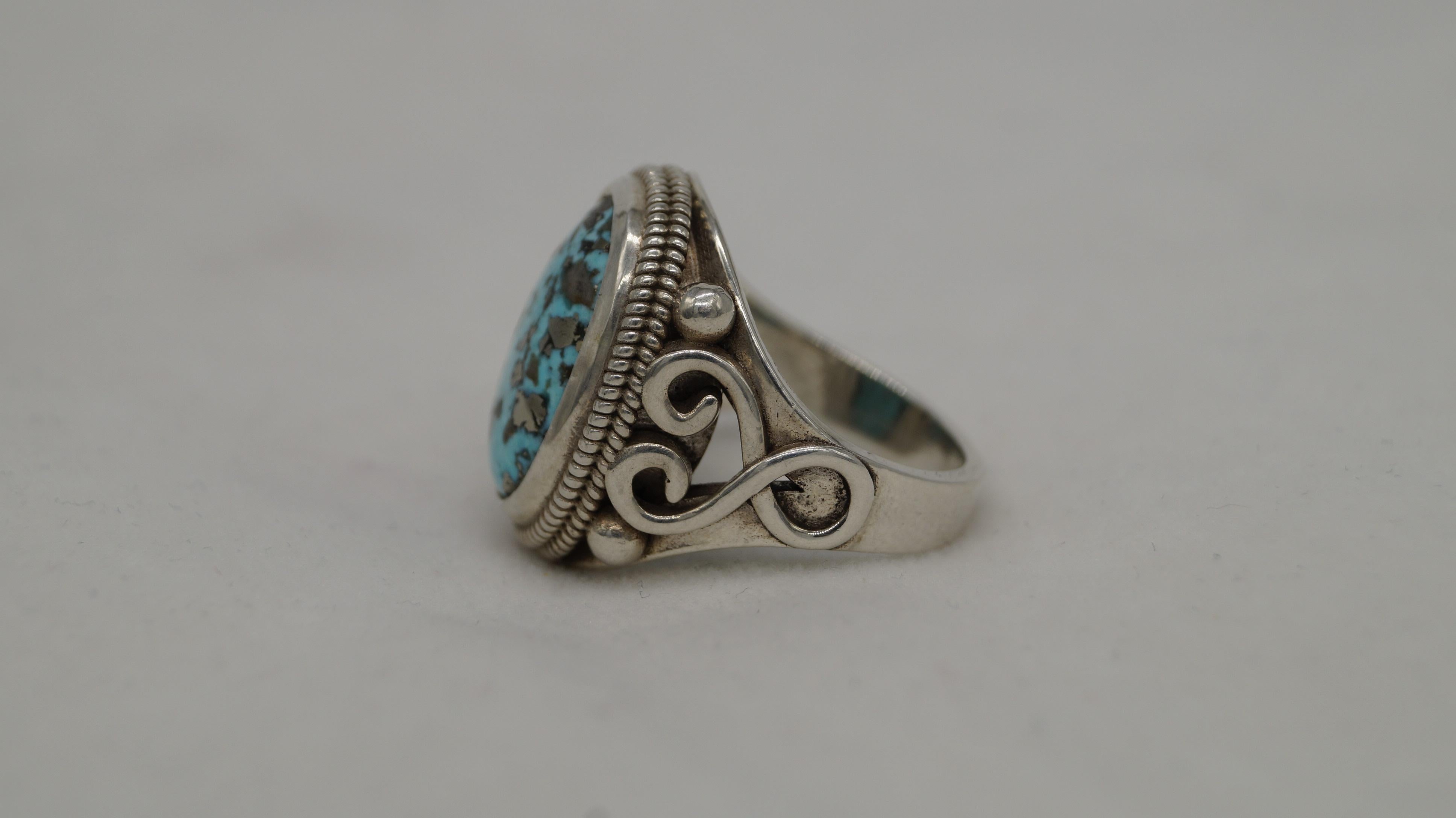 Seltene natürliche Nishapuri iranischen Türkis 925 Silber Shajari Firoza handgefertigten Ring im Zustand „Neu“ im Angebot in Delhi, DL