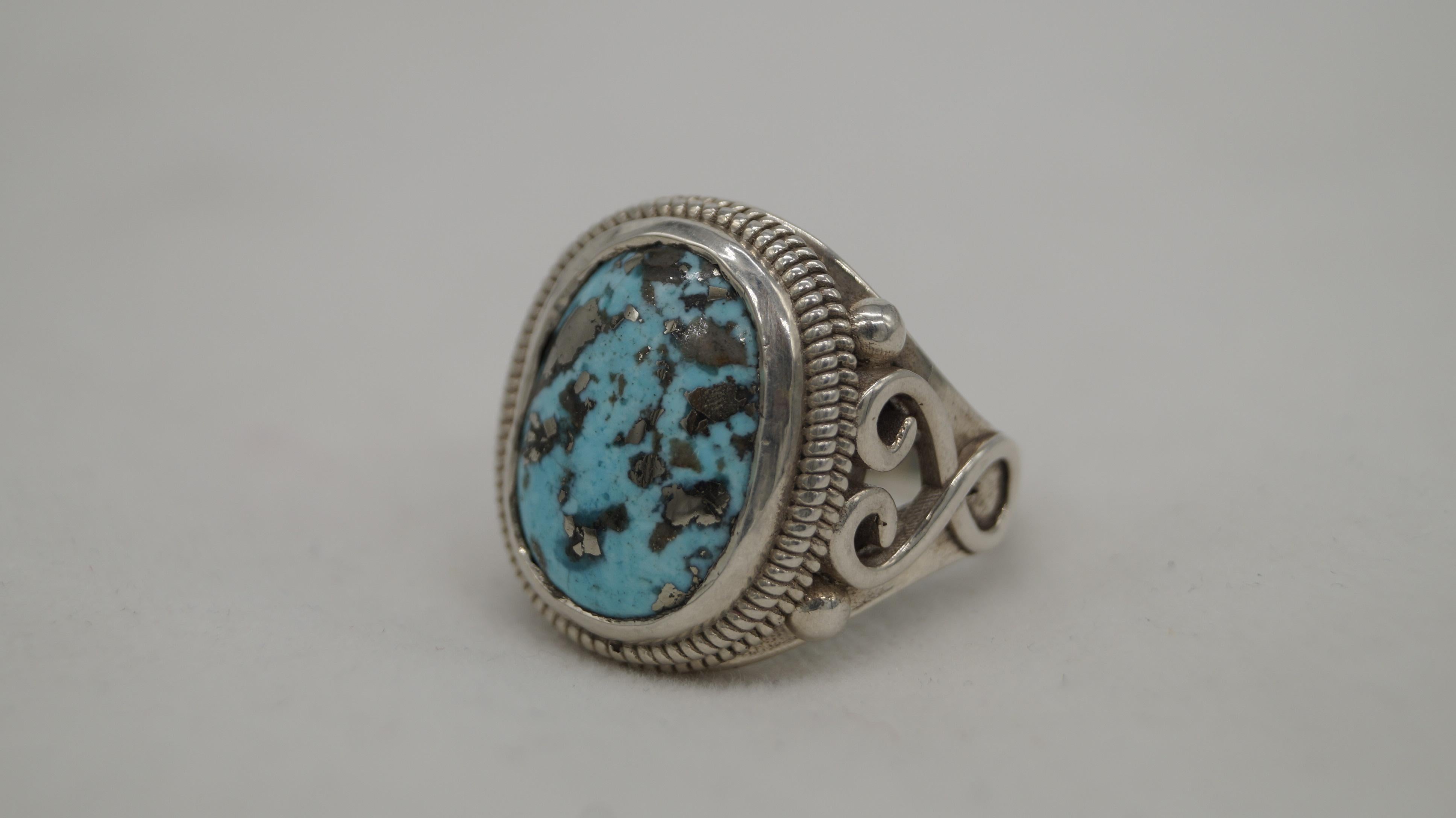 Seltene natürliche Nishapuri iranischen Türkis 925 Silber Shajari Firoza handgefertigten Ring im Angebot 1