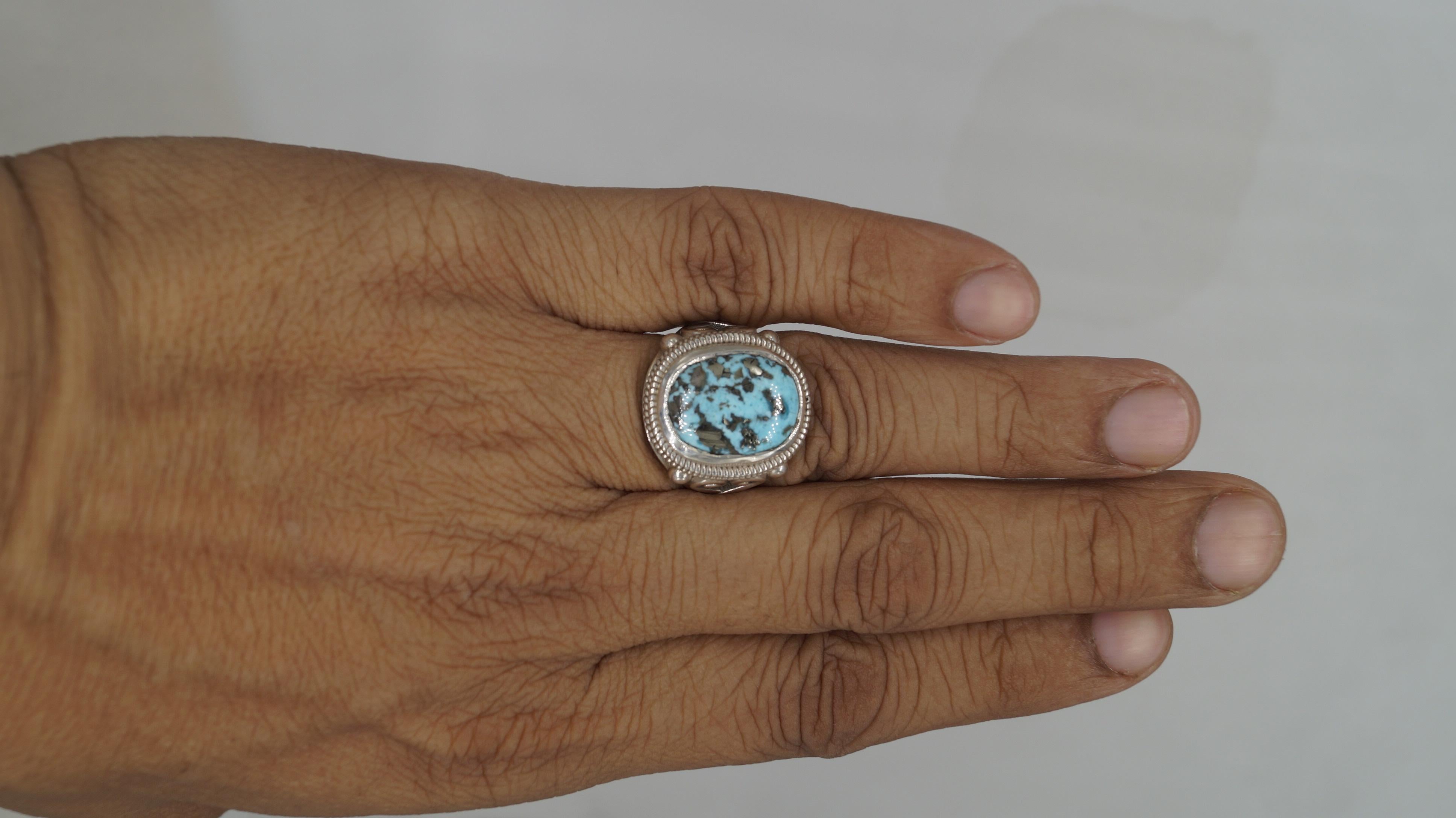 Seltene natürliche Nishapuri iranischen Türkis 925 Silber Shajari Firoza handgefertigten Ring im Angebot 2