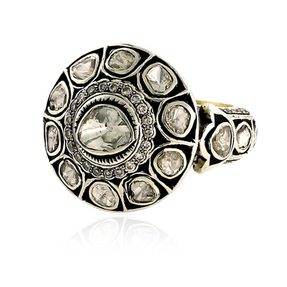 This pretty victorian looking Designer Rose Cut Diamond Ring in Silver and Gold is very charming and the shank is super unique.

Ring size : 6.75

14Kt: 3.81gms
Diamond: 1.37cts
SiIver: 6.8gms
