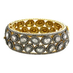 Victorian Looking Rosecut Diamond Cuff Bangle in 14K Gold and Silver