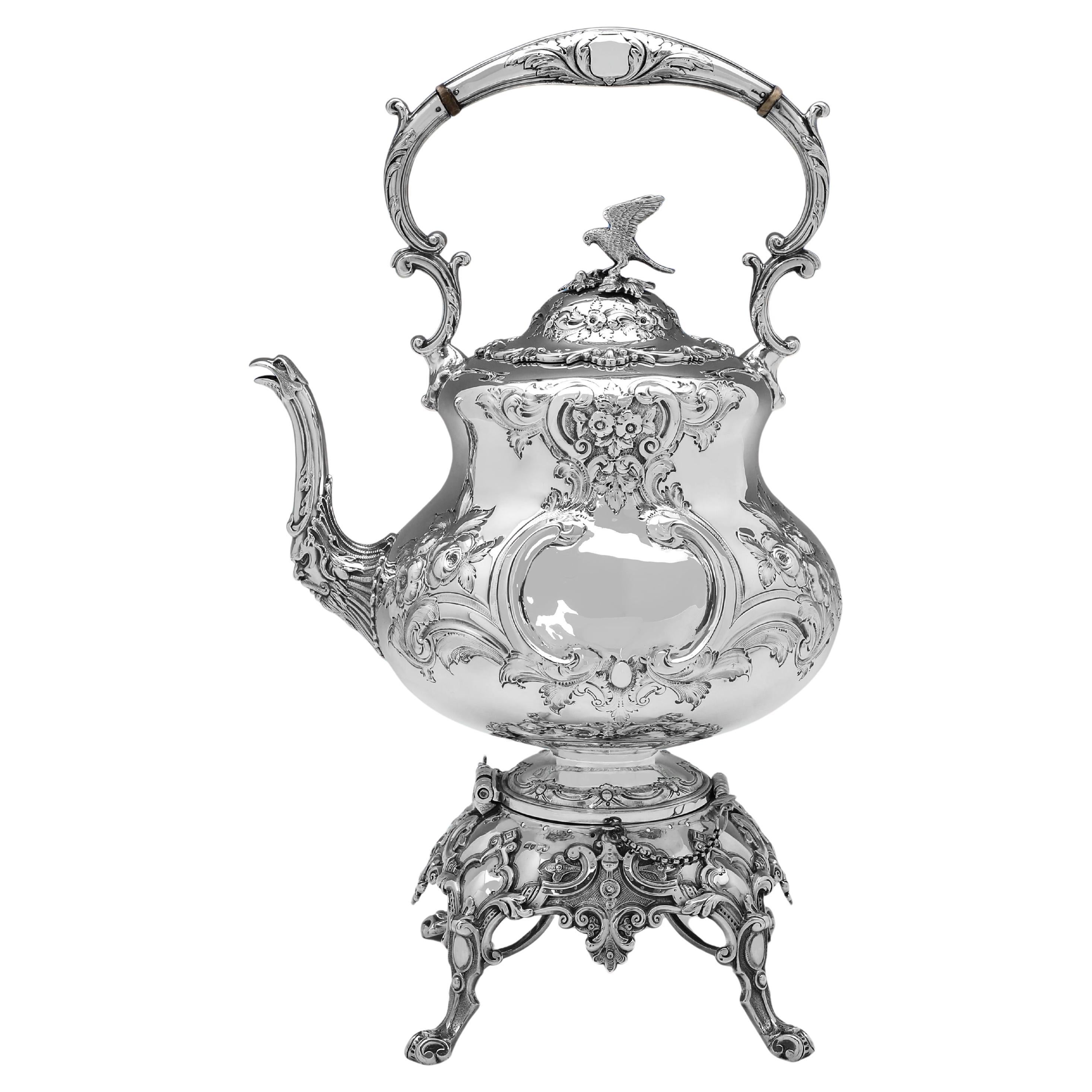 Victorian 'Louis Pattern' sterling silver tea kettle made in London in 1877