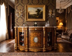 Victorian Louis XV Style Ormolu & Marquetry Credenza with Porcelain Plaque