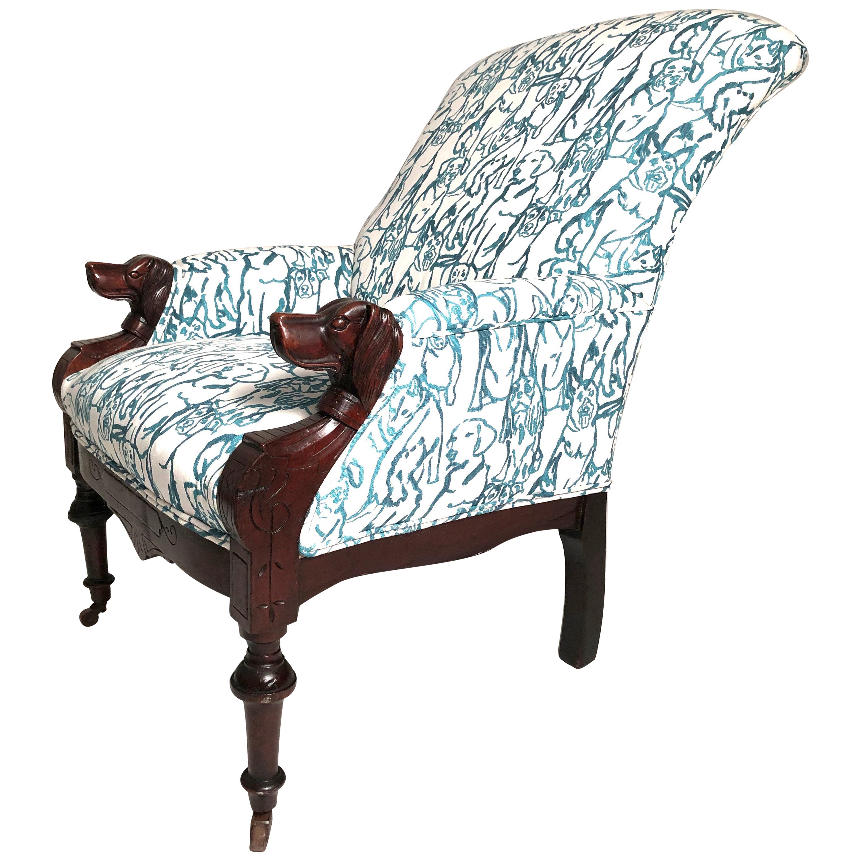 Victorian Lounge Chair with Carved Dog Head Armrests