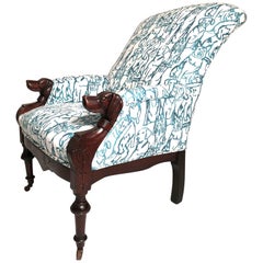 Victorian Lounge Chair with Carved Dog Head Armrests