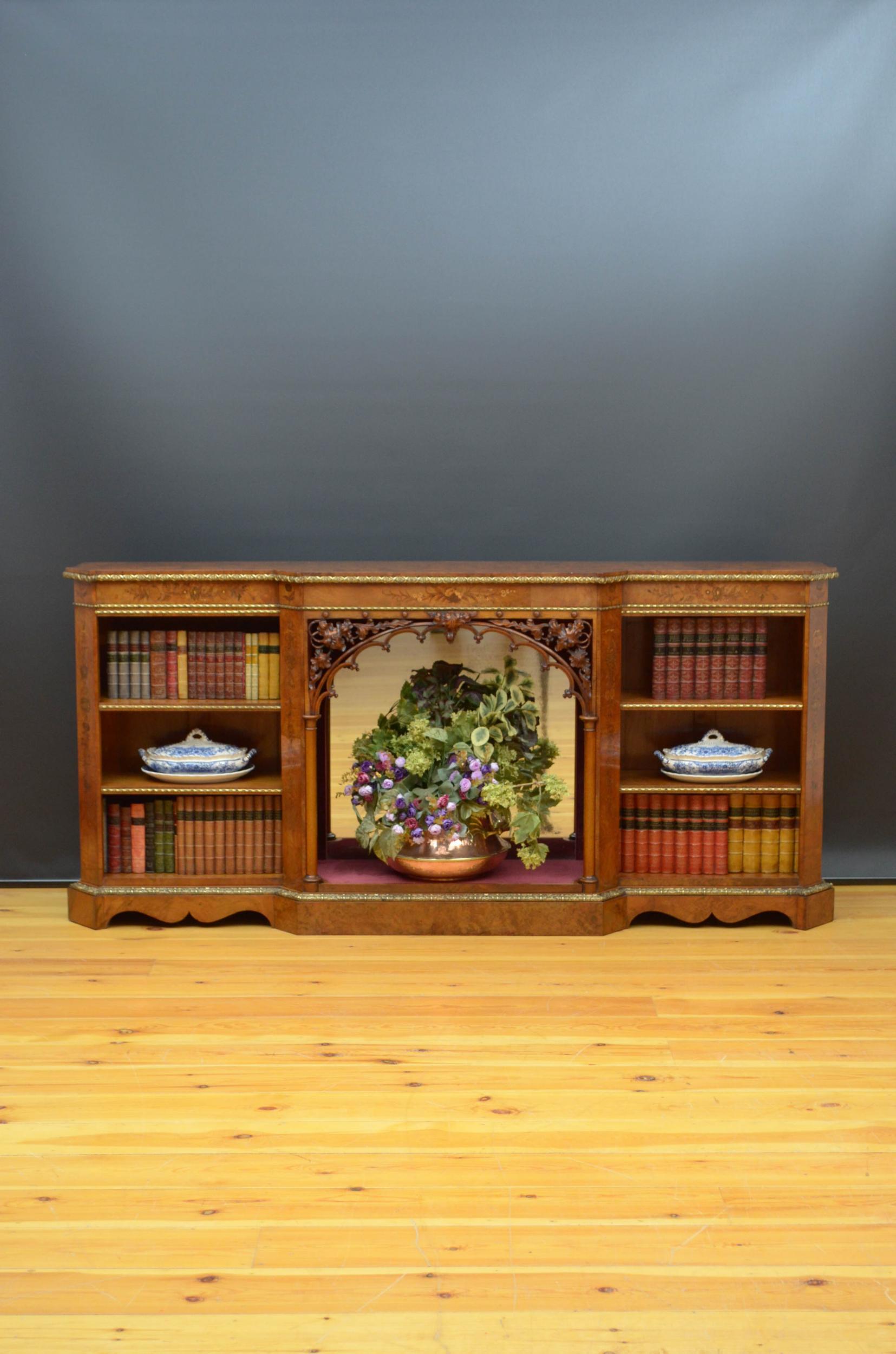 Sn4988 very attractive Victorian display cabinet or bookcase in figured and burr walnut, having burr walnut top and finely inlaid frieze with brass decoration above a projecting centre section lined with maroon velvet retaining its original foxed