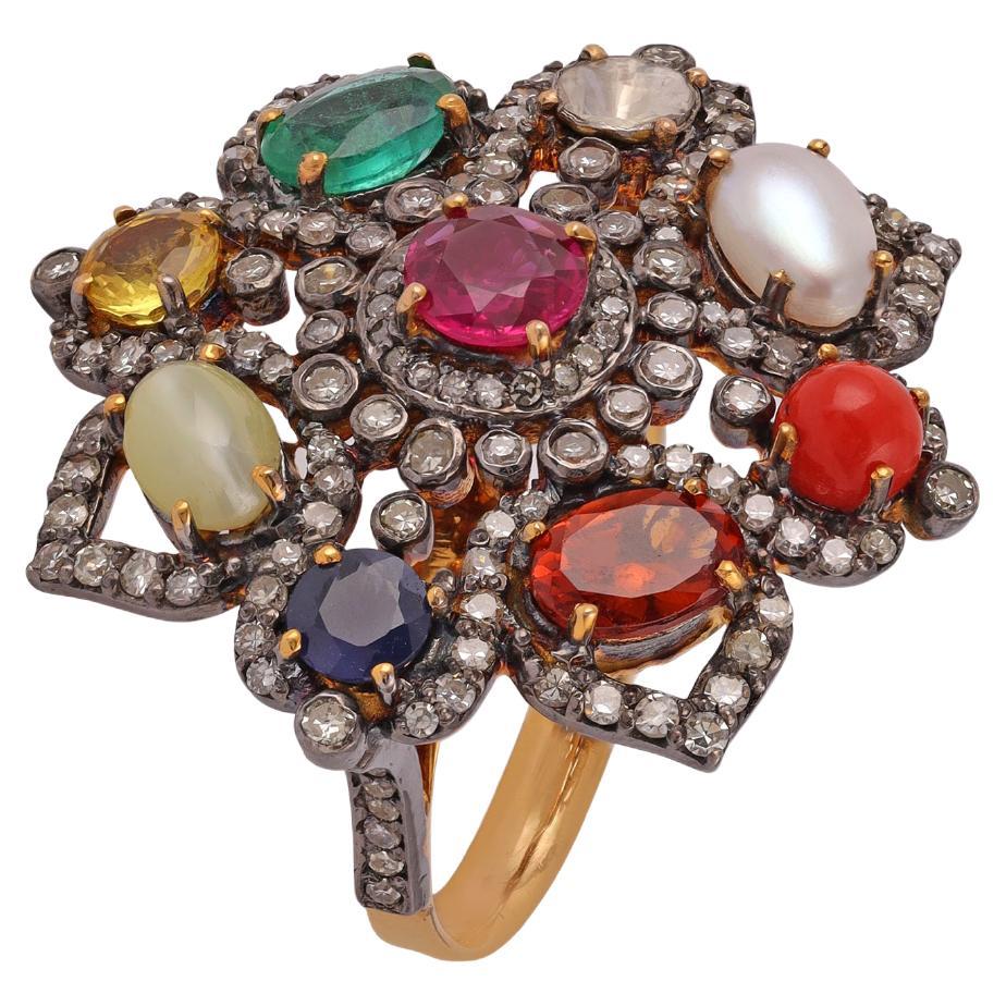 Victorian Lucky 9 Gems Stone & Diamond Ring Set in 18k Gold & Silver For Sale