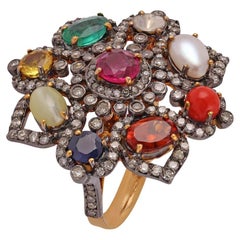 Victorian Lucky 9 Gems Stone & Diamond Ring Set in 18k Gold & Silver