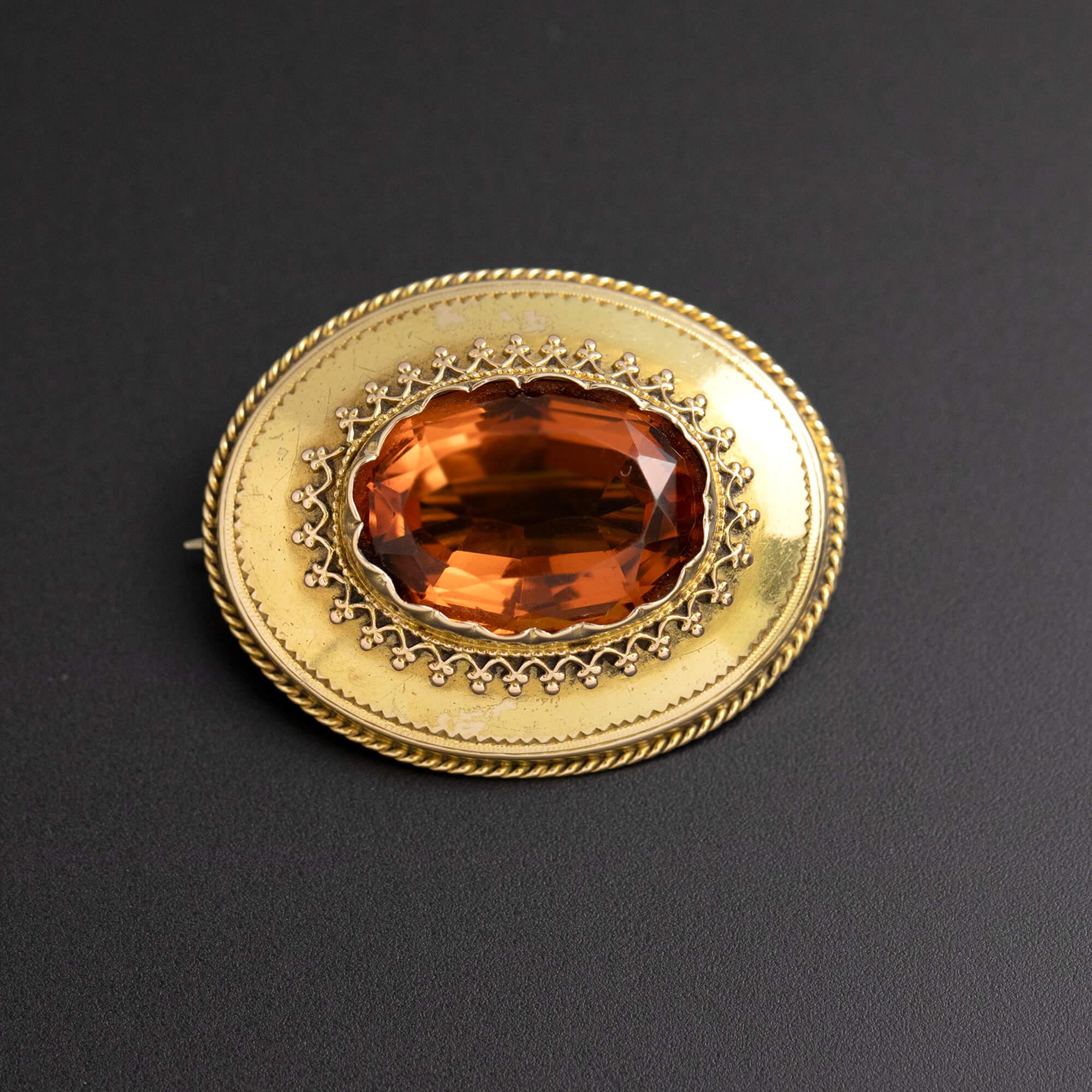 Oval Cut Victorian Madeira Citrine Brooch Circa 1880s For Sale
